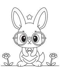 Coloring book rabbit with glasses reading a book under a star. Perfect for kids creative coloring