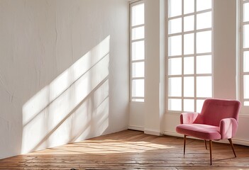 a pink velvet armchair sits bathed in warm sunlight streaming through large white-framed windows in a minimalist, textured room.