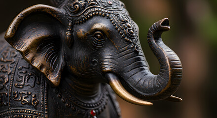 Close-up of Detailed Elephant Statue with Raised Trunk