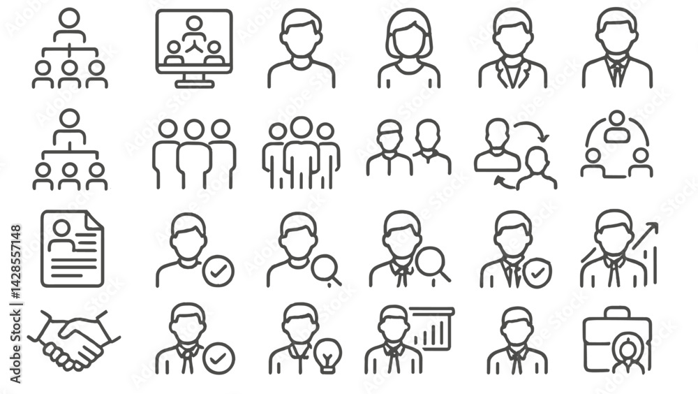 Poster collection of line style icons depicting business and networking activities in a professional settin