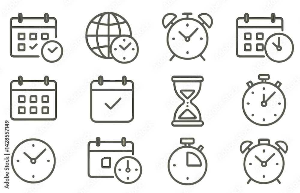 Poster set of line style icons representing time and scheduling in various formats including clocks and cal