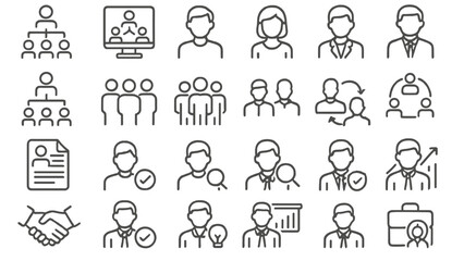 Collection of line style icons depicting business and networking activities in a professional setting