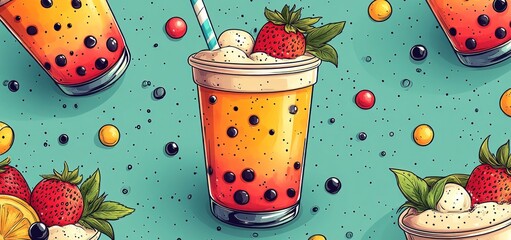 Refreshing Strawberry Boba Tea Delight: A vibrant illustration of a delicious boba tea drink topped with whipped cream and fresh strawberries, surrounded by colorful boba pearls and candies.