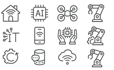 Set of icons illustrating technology themes such as AI, IoT, automation, and digital communication in a minimalist line style