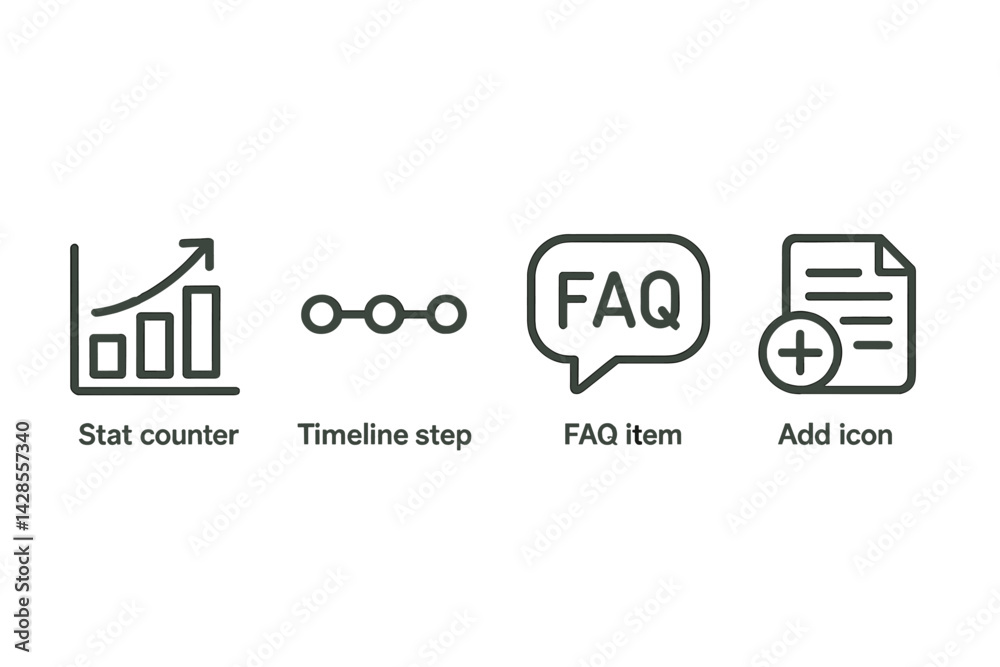 Poster set of icons featuring line style graphics for statistics, timelines, faqs, and additional items cre
