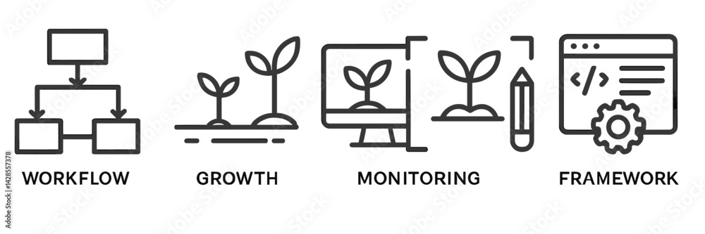 Poster illustration of linear style icons representing workflow, growth, monitoring, and framework concepts