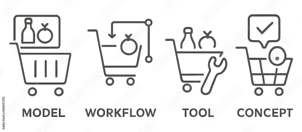 Poster icons representing various concepts related to a shopping cart in a linear design suitable for digit