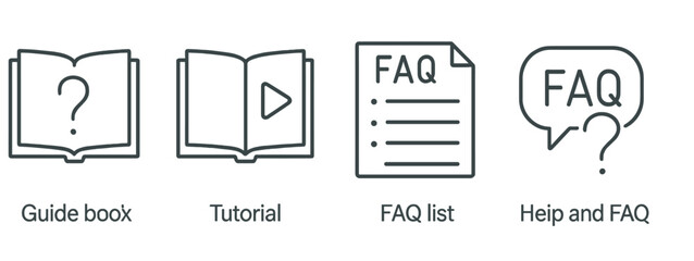 Icons representing guide book, tutorial, FAQ list, and help section for user assistance in a straightforward line style design