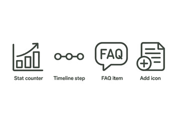 Set of icons featuring line style graphics for statistics, timelines, FAQs, and additional items created for digital design projects
