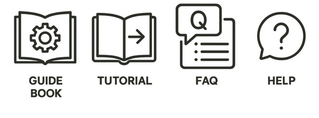 Set of line style icons representing guide book, tutorial, FAQ, and help resources for user assistance