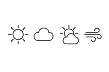 Weather icons in line style illustrating sun, cloud, partially cloudy, and wind conditions