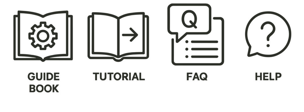 Set of line style icons representing guide book, tutorial, FAQ, and help resources for user assistance