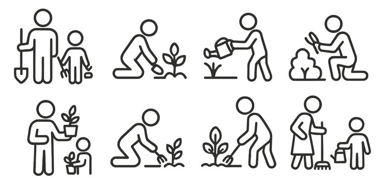 Engaging family activities related to gardening and plant care in a playful line art style