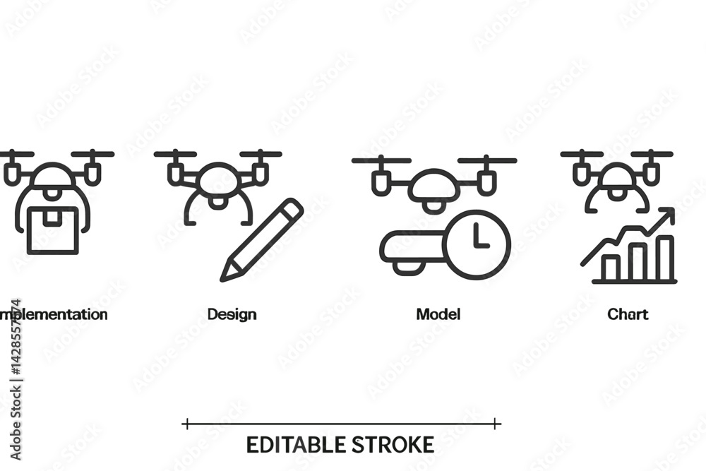 Poster icons illustrating various concepts related to drone usage in a simple line style for easy understan