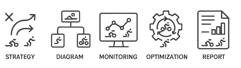 Set of line style icons representing strategy, diagram, monitoring, optimization, and report for effective visual communication