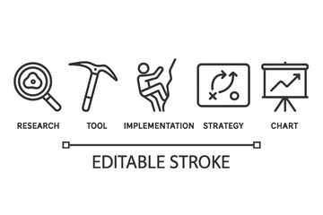 Set of line style icons representing research, tools, implementation, strategy, and chart for visual communication