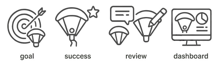 Set of icons illustrating goal achievement, success, performance review, and dashboard analytics in linear design style
