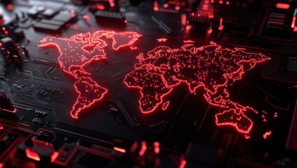 Red world map outline on a dark textured surface with abstract details.