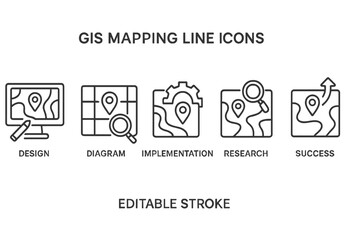 Line icons representing GIS mapping concepts for design, diagram, implementation, research, and success in a clean style