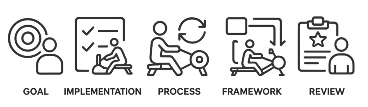 Icons representing stages of a goal-oriented process in a linear format with minimalistic design