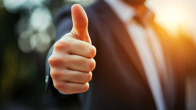 Close-up of Businessman Hand Showing Thumbs Up Gesture for Approval, Success