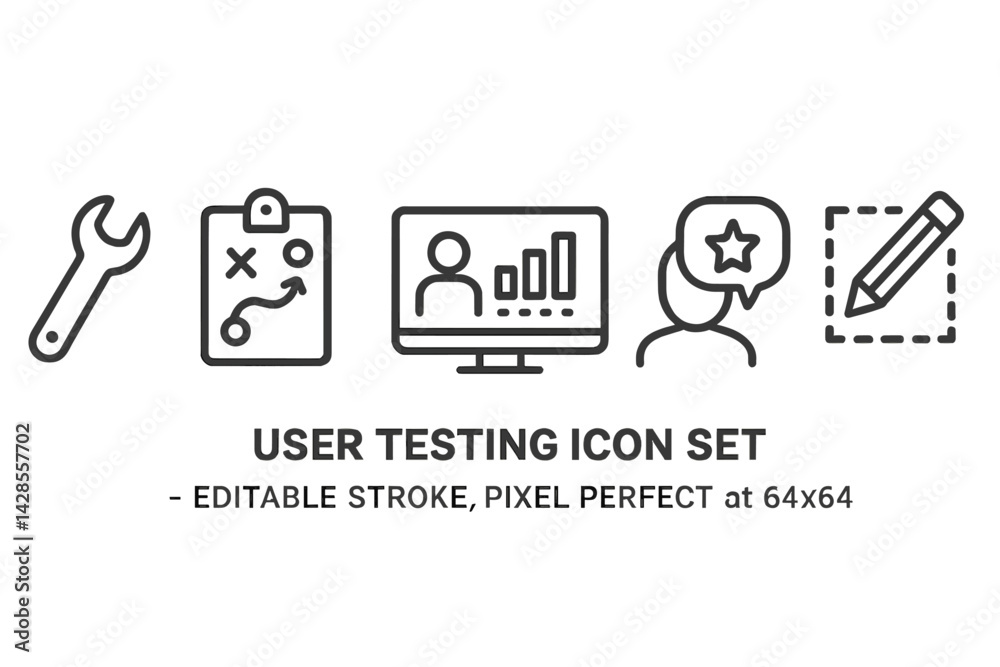 Poster icon set showcasing various user testing concepts in line style for design and development professio