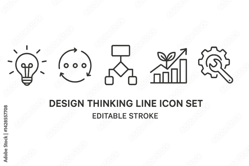 Poster design thinking line icon set featuring symbols of innovation and problem-solving for creative proce