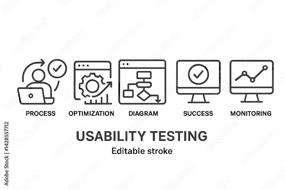 Poster usability testing concepts illustrated with line style icons showing process, optimization, diagram,