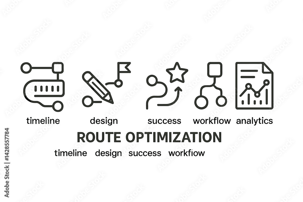 Poster set of line style icons representing route optimization concepts such as timeline, design, success, 