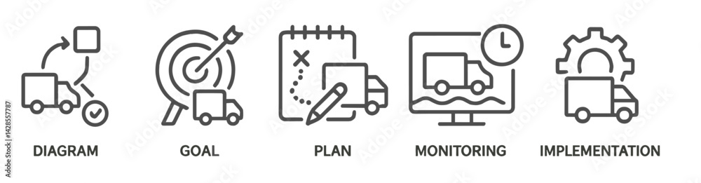 Poster icons representing different stages of project management in a simple line style design for visual c