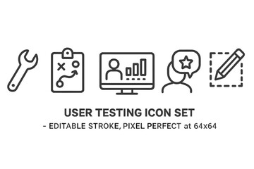 Icon set showcasing various user testing concepts in line style for design and development professions
