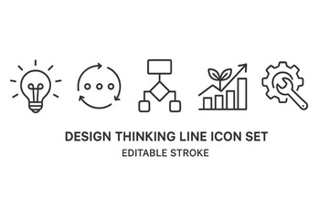 Design thinking line icon set featuring symbols of innovation and problem-solving for creative processes