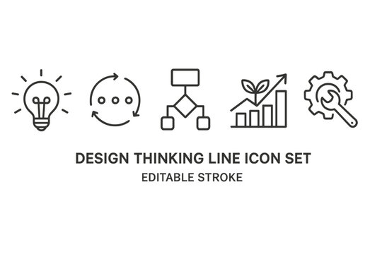 Design thinking line icon set featuring symbols of innovation and problem-solving for creative processes