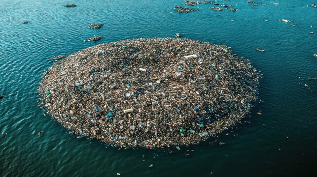 A large garbage patch floating in the ocean, consisting of plastic bottles and debris.
