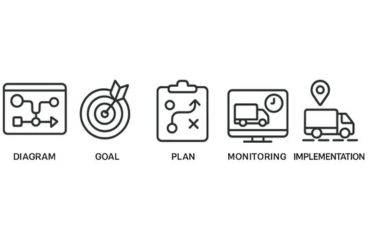 Set of line style icons illustrating project management elements including diagram, goal, plan, monitoring, and implementation stages