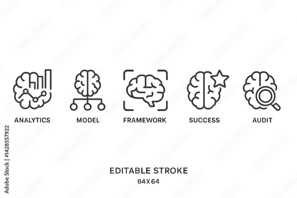 Poster set of line style icons representing analytics, model, framework, success and audit for digital desi