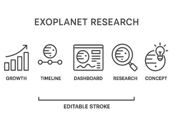 Exoplanet research icons showcasing diverse aspects of space exploration and analysis for academic and scientific use