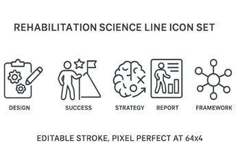 Rehabilitation science icons set featuring design, success, strategy, report, and framework in line style for educational use