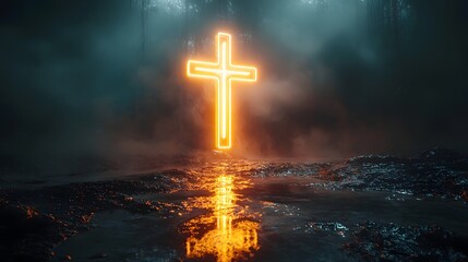 Fototapeta premium Glowing neon cross floating in a dark foggy atmosphere