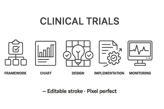 Icons illustrating clinical trials in a modern line style for frameworks, charts, design, implementation, and monitoring activities