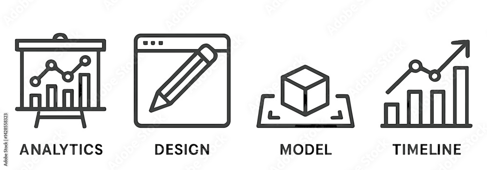 Poster set of icons depicting analytics, design, model, and timeline in line style for visual representatio