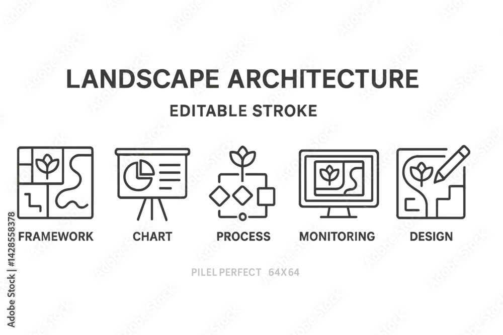 Poster innovative line style icons representing various aspects of landscape architecture for design and pr