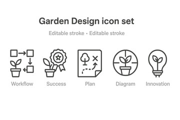 Illustration of garden design icons showcasing workflow, success, planning, diagram, and innovation concepts in minimalist line style