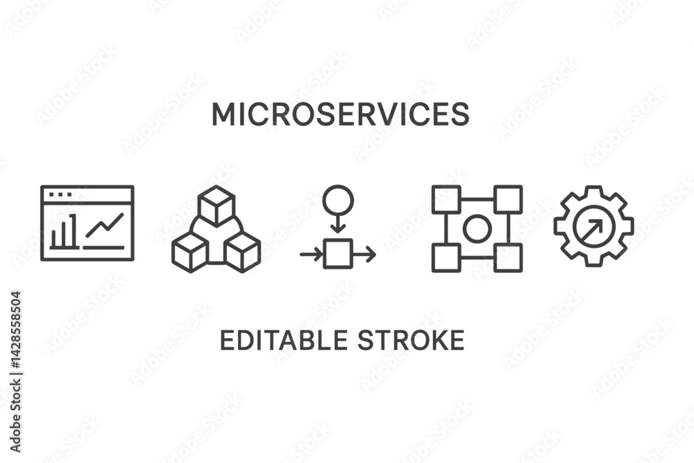 Poster microservices concept illustrated with line style icons showcasing various aspects of software archi