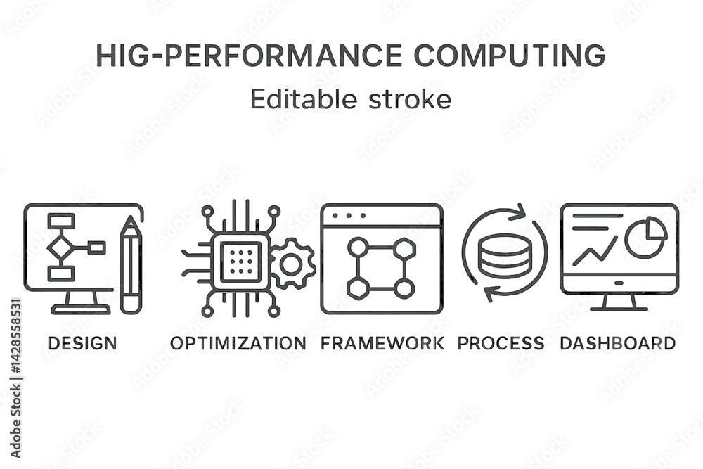 Poster high-performance computing concepts illustrated with line style icons for design, optimization, fram