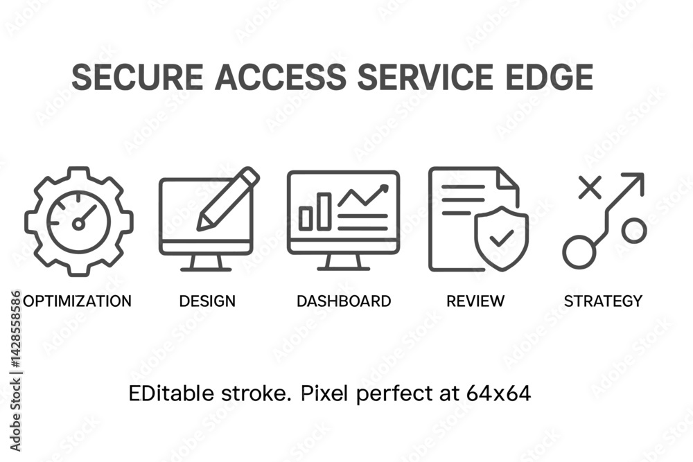 Poster icons representing secure access service edge functions in a minimalist line style for digital solut