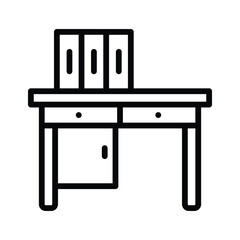 An editable outline style icon of wooden office table with files on it