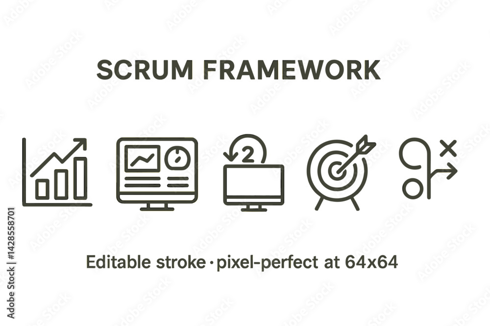 Poster icons representing different aspects of the scrum framework in a minimal line style for agile projec