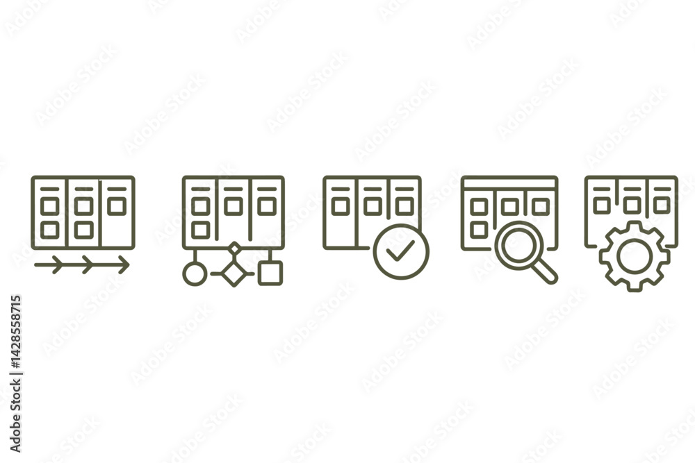 Poster line style icons illustrating task management processes for organized workflow optimization