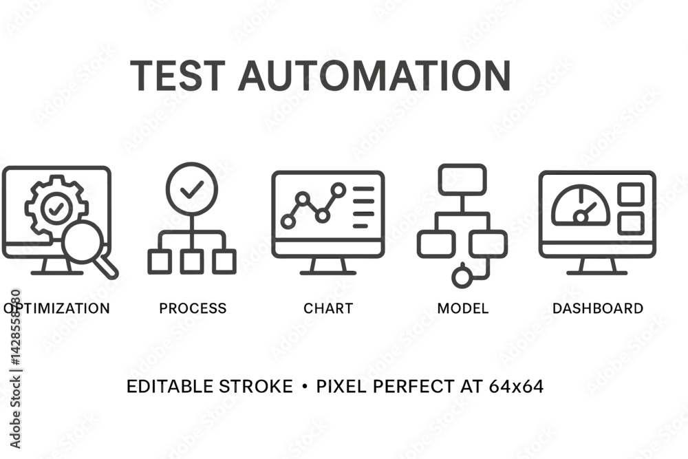 Poster set of line style icons representing test automation components including optimization and process m
